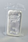 A UMICORE KILO INGOT OF SILVER, stamped 'FEINSILVER 999 1000g 511958' in a sealed bag, 32.29ozt,