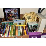 THREE BOXES OF BOOKS, COSTUME JEWELLERY, A PAIR OF CURTAINS etc, to include gloves, purses,