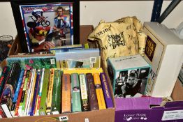 THREE BOXES OF BOOKS, COSTUME JEWELLERY, A PAIR OF CURTAINS etc, to include gloves, purses,