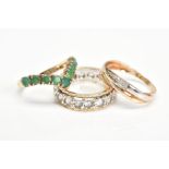 THREE RINGS, comprising a 9ct gold ring set with three single cut diamonds, a 9ct gold v-shape