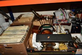 SEVEN BOXES OF RECORDS, QUARTZ CLOCKS, PHOTOGRAPHIC EQUIPMENT, wooden doll's chair, tripod,
