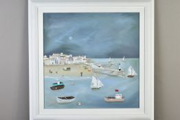 LUCY YOUNG (BRITISH CONTEMPORARY), 'Moonshine Time', a coastal harbour scene by moonlight,