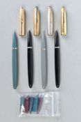 FOUR PARKER '51' FOUNTAIN PENS earlier models than previous lot, three with push pin filling