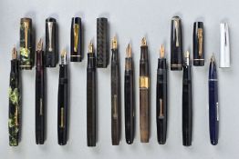 TEN VINTAGE FOUNTAIN PENS including four Watermans a 503 (no cap) with a 14ct W2A nib, a 52 1/2 with