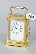 A 20TH CENTURY BRASS CASED CARRIAGE CLOCK, white dial, Roman numerals, marked ACC L to the back