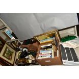 FOUR BOXES AND LOOSE INCLUDING BOOKS, CLOCKS, PICTURES AND DINNER SUIT, together with binoculars,