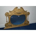 A 19TH CENTURY GILTWOOD ROCOCO STYLE OVERMANTEL MIRROR, decorated with scrolls and foliate