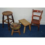 A STAINED ELM CHILDS CHAIR, circular seated stool and two other stools (4)