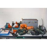 A COLLECTION OF VINTAGE AND MODERN POWER TOOLS including a Bosch circular saw (fail PAT), a Bosch