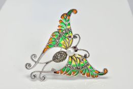 A PLIQUE-A-JOUR BROOCH, of a butterfly design with orange, yellow and green plique-a-jour enamel