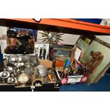 FOUR BOXES OF SUNDRIES, DVD'S, SUNBURST CLOCK, METALWARES, PICTURES, etc, including boxed dartboard,