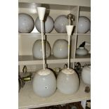 A PAIR OF OPAQUE WHITE OVOID GLASS AND OVER PAINTED NICKET PLATED CEILING LIGHT FITTINGS,