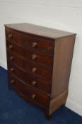 A GEORGIAN MAHOGANY BOW FRONT CHEST OF TWO SHORT AND FOUR LONG GRADUATING DRAWERS on bracket feet,