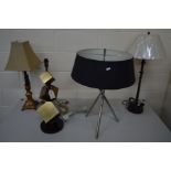 A COLLECTION OF MODERN TABLE LAMPS, to include a chrome triple legged lamp, a triple stacked cubed