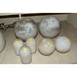 A GROUP OF SEVEN VARIOUS OPAQUE WHITE GLASS LIGHT SHADES, including two pairs of spherical type in