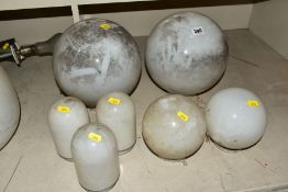 A GROUP OF SEVEN VARIOUS OPAQUE WHITE GLASS LIGHT SHADES, including two pairs of spherical type in