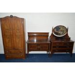 AN EDWARDIAN MAHOGANY AND STRUNG INLAY DRESSING CHEST WITH TWO SHORT, TWO LONG DRAWERS AND TWO SMALL