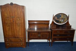 AN EDWARDIAN MAHOGANY AND STRUNG INLAY DRESSING CHEST WITH TWO SHORT, TWO LONG DRAWERS AND TWO SMALL