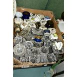 A BOX OF GLASS SALTS AND PORCELAIN PIN BOXES, ETC