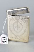 AN EDWARDIAN SILVER CARD CASE, rectangular outline, engraved with ribbons, husking, roundels and