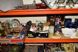 THREE BOXES AND LOOSE CERAMICS, GLASS, METALWARE etc, to include Aynsley trinkets, bowl and vases (