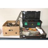 A PLASTIC TOOLBOX AND TWO TRAYS containing tools, vintage power tools and vintage car parts (all