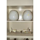 A PAIR OF OPAQUE WHITE OVOID GLASS AND PAINTED NICKEL PLATED CEILING LIGHT FITTINGS, approximate