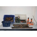 THREE BOXES OF VINTAGE AND MODERN TOOLS including wooden moulding planes, saws, axle stands, a Bosch
