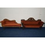 AN EDWARDIAN CARVED MAHOGANY TWO SEATER SOFA, width 199cm together with a pitch pine chaise