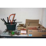 FOUR BOXES AND A TUB containing handtools, corner clamps, a pipe clamp, etc