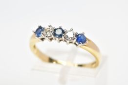 AN 18CT GOLD SAPPHIRE AND DIAMOND FIVE STONE RING, designed as three circular sapphires