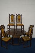 A 19TH CENTURY OAK OVAL TOPPED GATE LEG TABLE FLANKED WITH TWO DRAWERS together with a set of six