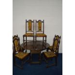 A 19TH CENTURY OAK OVAL TOPPED GATE LEG TABLE FLANKED WITH TWO DRAWERS together with a set of six