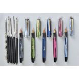 FIVE MERLIN VINTAGE FOUNTAIN PENS including two Merlin 33 in pearl grey, a 33 in pearl blue, a 33 in
