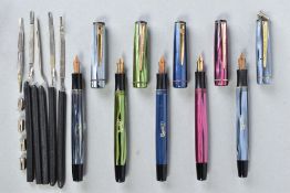 FIVE MERLIN VINTAGE FOUNTAIN PENS including two Merlin 33 in pearl grey, a 33 in pearl blue, a 33 in