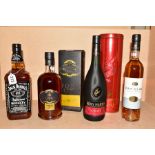 THREE BOTTLES OF COGNAC AND A BOTTLE OF WHISKEY, comprising a bottle of Remy Martin VSOP Fine