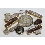 A SMALL BOX OF DRESSING TABLE ACCESSORIES, to include a pair of silver and tortoiseshell panel