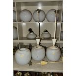 A SET OF THREE OPAQUE WHITE GLASS AND OVERPAINTED NICKEL PLATED CEILING LIGHT FITTINGS, overall