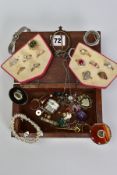 A SMALL BOX OF VARIOUS COSTUME JEWELLERY, to include a circular agate brooch, a tumble stone ametyst