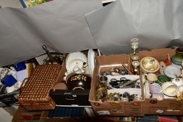 FOUR BOXES OF CERAMICS, METALWARES, MODERN PICNIC HAMPER etc, including Denby Bakewell storage jars,