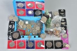 A METAL CASHBOX, with a selection of world coins to include Queen Elizabeth commemoratives