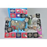 A METAL CASHBOX, with a selection of world coins to include Queen Elizabeth commemoratives