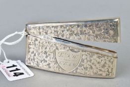 AN EDWARDIAN SILVER CARD CASE, of bowed rectangular form, engraved with leaves, engraved shield
