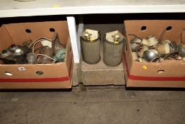TWO BOXES OF VINTAGE LIGHT FITTINGS AND SHADES, including a pair of corner wall lights (two boxes
