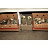 TWO BOXES OF VINTAGE LIGHT FITTINGS AND SHADES, including a pair of corner wall lights (two boxes