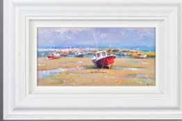 HELIOS GISBERT (SPANISH 1958), 'Oceanfront Morning III', boats on the sand at low tide, signed