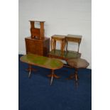 A QUANTITY OF OCCASIONAL FURNITURE to include a yew wood leather top drop leaf sofa table, a yew