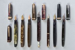 SIX VINTAGE PARKER FOUNTAIN PENS, TWO CAPS AND A PROPELLING PENCIL, these include an olive green