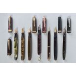 SIX VINTAGE PARKER FOUNTAIN PENS, TWO CAPS AND A PROPELLING PENCIL, these include an olive green