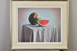 JUAN HIGUERAS (SPANISH 1963), 'Still Life II', a sliced watermelon on a table, signed and dated (